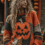Chiara | Vintage Halloween-Inspired Pumpkin Face Patchwork Knitted Round Neck Cozy Sweater