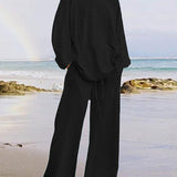 Solid Color Loose Long Sleeve Round Neck Shirt Top + Drawstring Pants Two-Piece Set