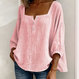 Arianne | Women's Square Neck Blouse 3/4 Puff Sleeve Button Top