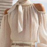 Polka Dot Cold-Shoulder Chiffon Blouse With Scarf Tie