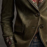 Embroidered Floral Olive Green Velvet Blazer