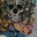 Antonella | Halloween-Inspired Skull Print Round Neck Long Sleeve Sweatshirt