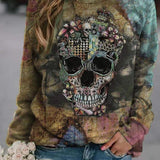 Antonella | Halloween-Inspired Skull Print Round Neck Long Sleeve Sweatshirt