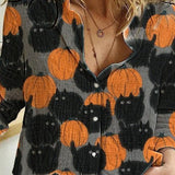 Aurelia | Halloween-Inspired Pumpkin Cat Print Lapel Long Sleeve Blouse