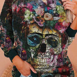 Estelle | Halloween-Inspired Skull Print Round Neck Long Sleeve Sweatshirt