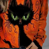 Karina | Halloween Vintage Cat Print Round Neck Long Sleeve Sweatshirt