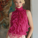 Ruffled High-Neck Sleeveless Chiffon Blouse