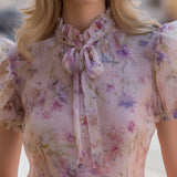 Floral Puff Sleeve Tie-Neck Chiffon Blouse