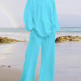 Solid Color Loose Long Sleeve Round Neck Shirt Top + Drawstring Pants Two-Piece Set