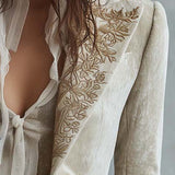 Ivory Velvet Blazer with Lace Cuffs and Embroidered Details
