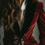 Luxurious Velvet Blazer with Elegant Black Collar and Gold Embroidery