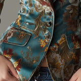 Tailored Vintage Velvet Blazer in Teal Floral Print