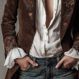 Retro Brown Suede Blazer Featuring Embroidered Accents