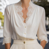 Lace-Trimmed V-Neck Chiffon Button-Up Blouse