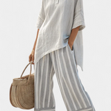 Talvora | Elegant Asymmetrical Blouse & Striped Pants