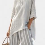 Talvora | Elegant Asymmetrical Blouse & Striped Pants