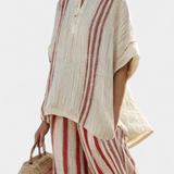 Mirella | Sophisticated Textured Red-Stripe Top & Linen Pants