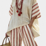 Braelith | Elegant Rustic Striped Top & Cream Linen Pants
