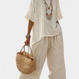 Drevon | Comfortable Minimalist Raw Blouse & Wide-Leg Pants