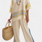 Jaxmere | Comfortable Blue-Yellow Mediterranean Top & Linen Pants
