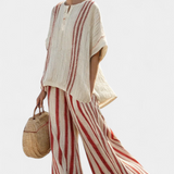 Mirella | Sophisticated Textured Red-Stripe Top & Linen Pants