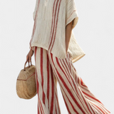 Mirella | Sophisticated Textured Red-Stripe Top & Linen Pants