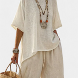 Drevon | Comfortable Minimalist Raw Blouse & Wide-Leg Pants