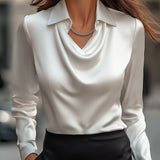 Elegant White Satin Blouse with Draped Neckline