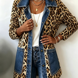 Fablenne™ | Leopard Print Denim Panel Contrast Longline Jacket