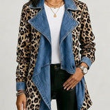 Sherilyn™ | Leopard Print & Washed Denim Paneled Mid-Length Jacket
