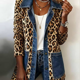 Fablenne™ | Leopard Print Denim Panel Contrast Longline Jacket